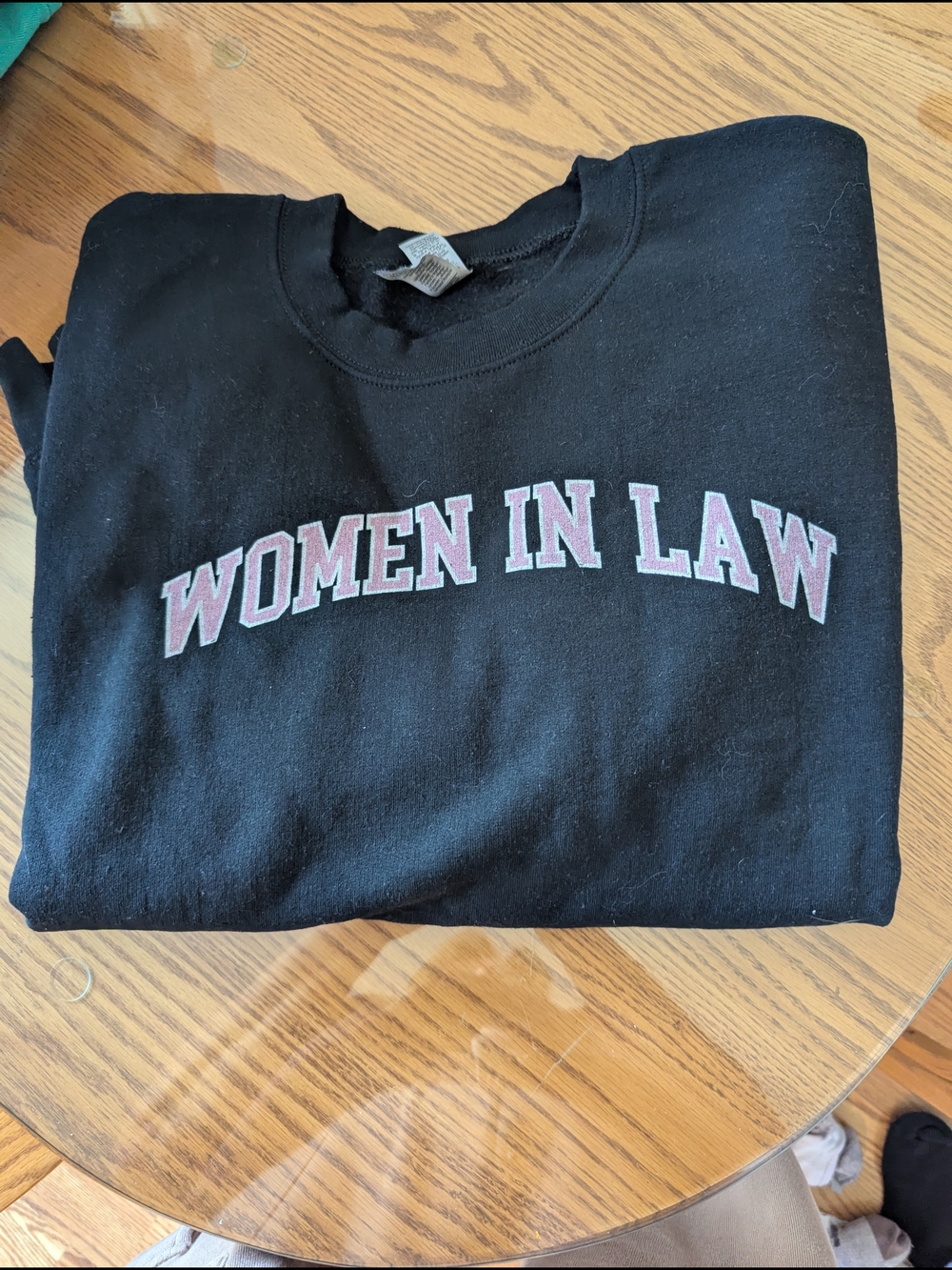 Gildan Black Crewneck Sweatshirt with Pink 'Women in Law' Lettering